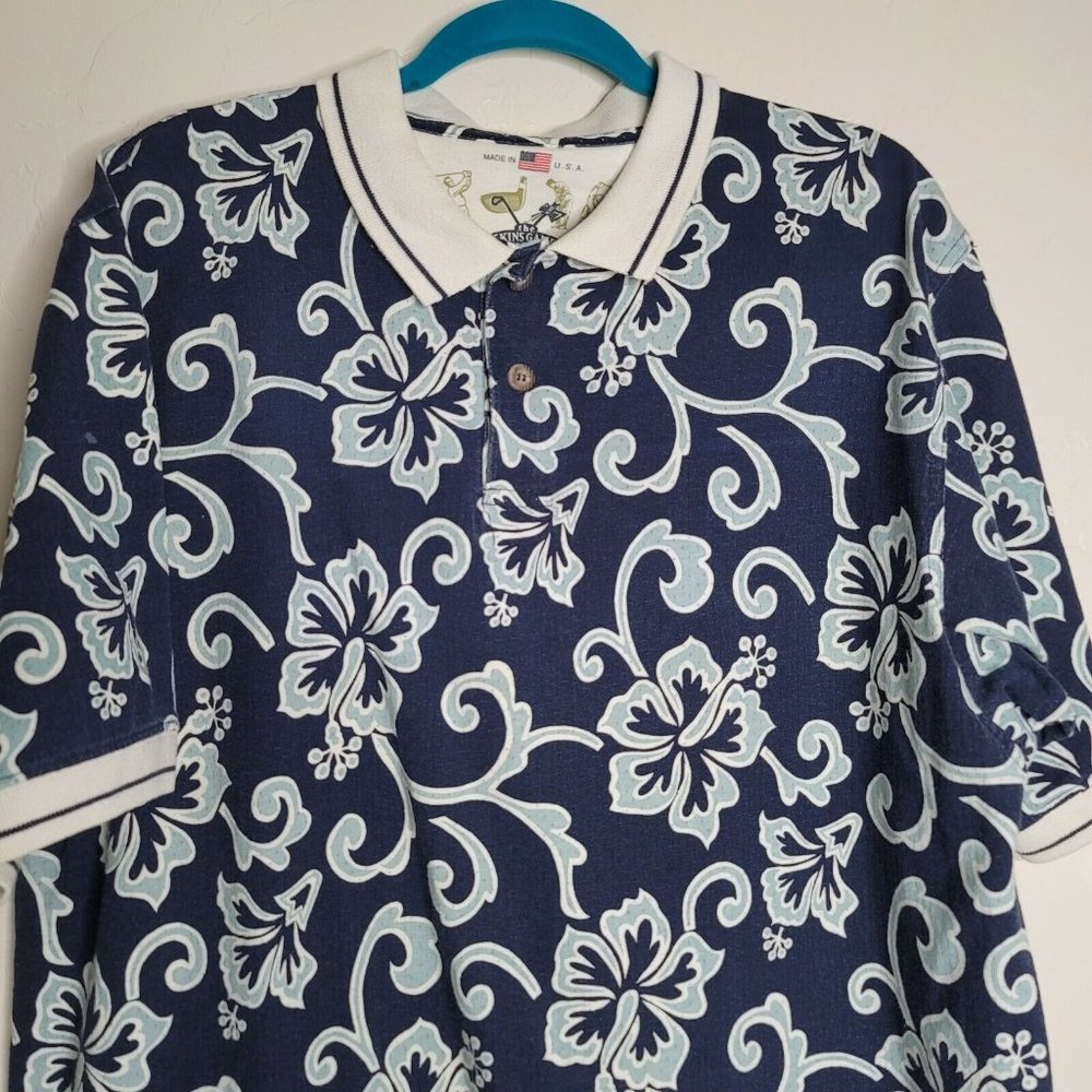 The SKINS GAME Hawaiian Big Floral Flower Golf Polo Shirt Size Large Blue White